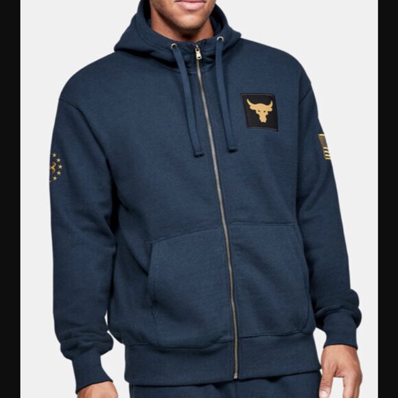 Under Armour Men's Project Rock Veterans Day Full-Zip Navy and Gold Hoodie Sz L - Picture 1 of 9
